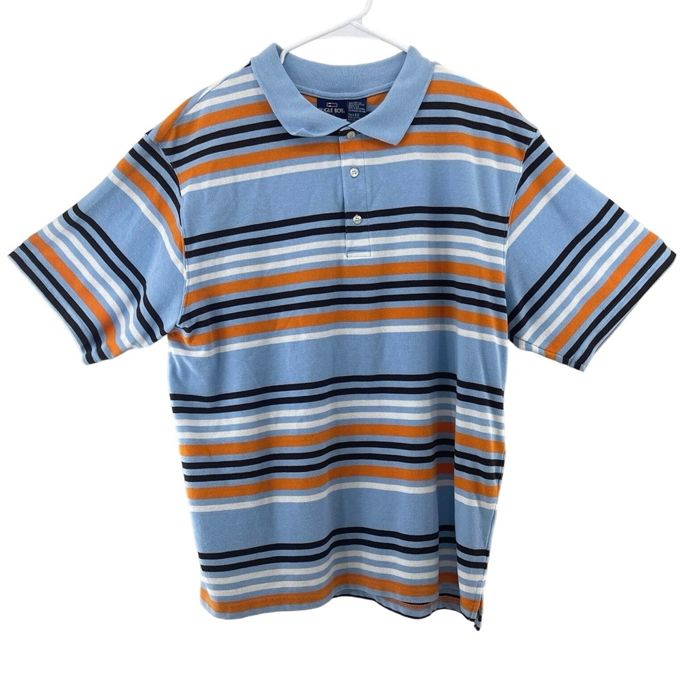Vintage 90s Bugle Boy Men‎ Size XL Polo Shirt Blue w Multi Stripes Short Sleeve
